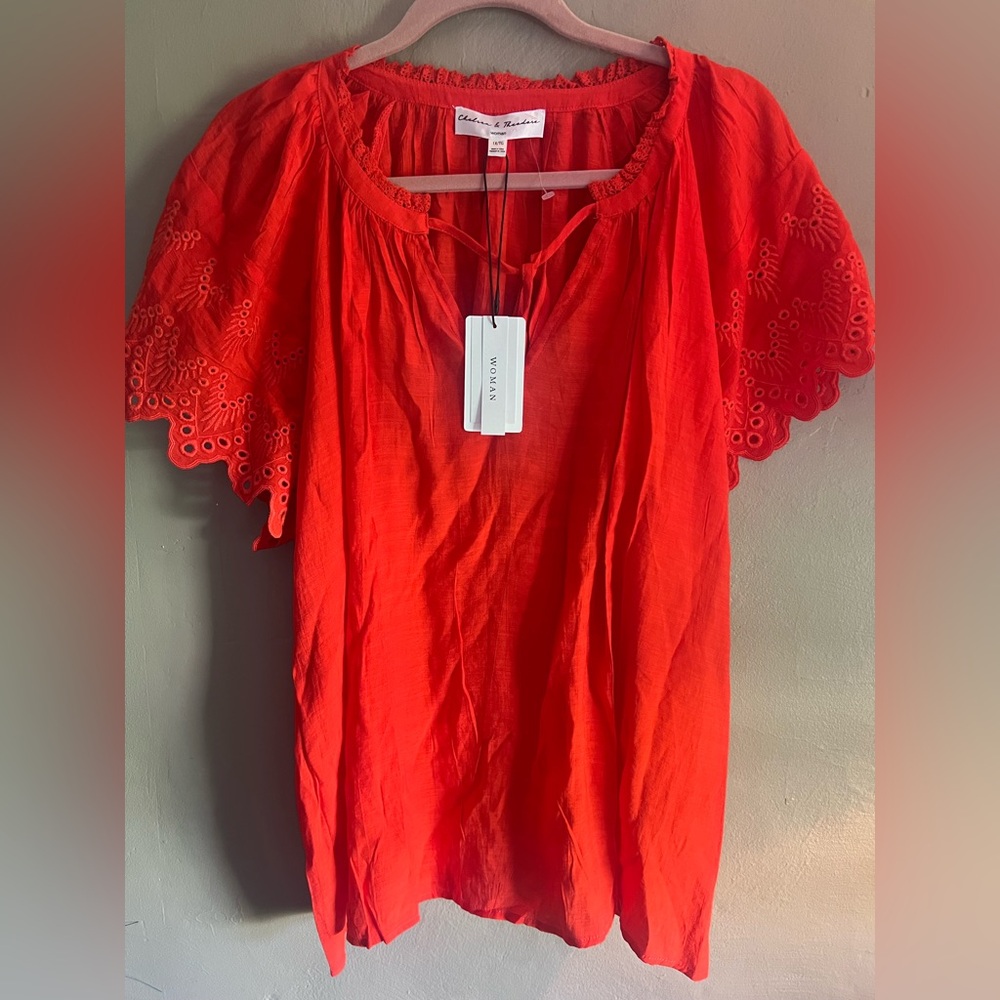 Chelsea & Theodore Red Flutter Sleeve Blouse with Tie Front